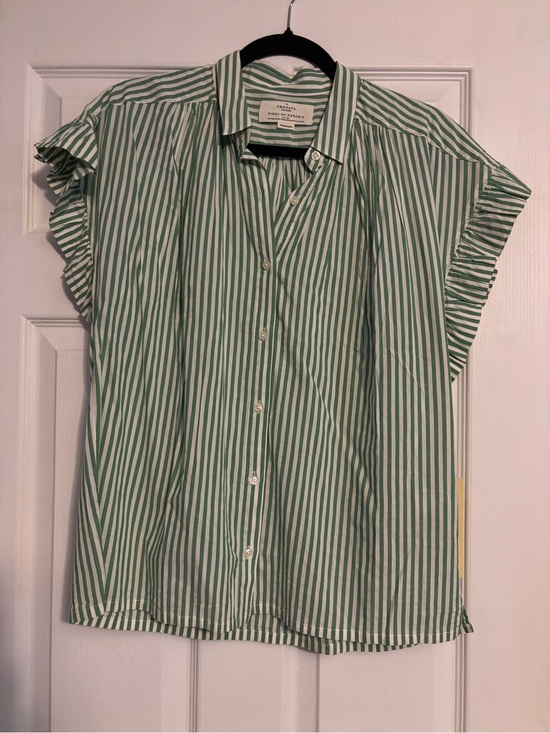Trovata Tops - Trovata Green and White Striped Ruffle Cap-Sleeve Button-Down